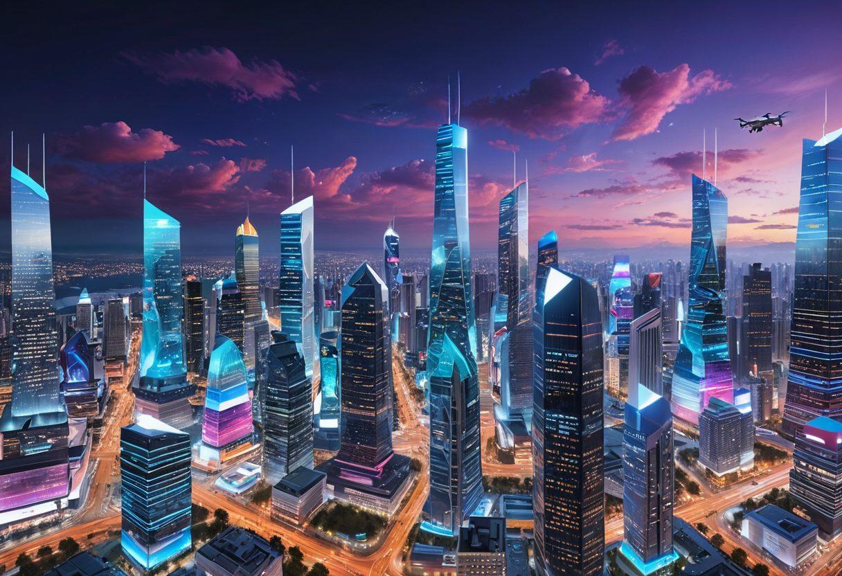 A futuristic city skyline with digital interfaces showcasing various insurance options. Include vibrant holographic displays of policy details floating in the air, while diverse individuals interact with advanced technology devices. Show elements like drones and AI avatars assisting users. The scene should evoke a sense of innovation and trust in technology for insurance. super-realistic. vibrant colors. futuristic style.