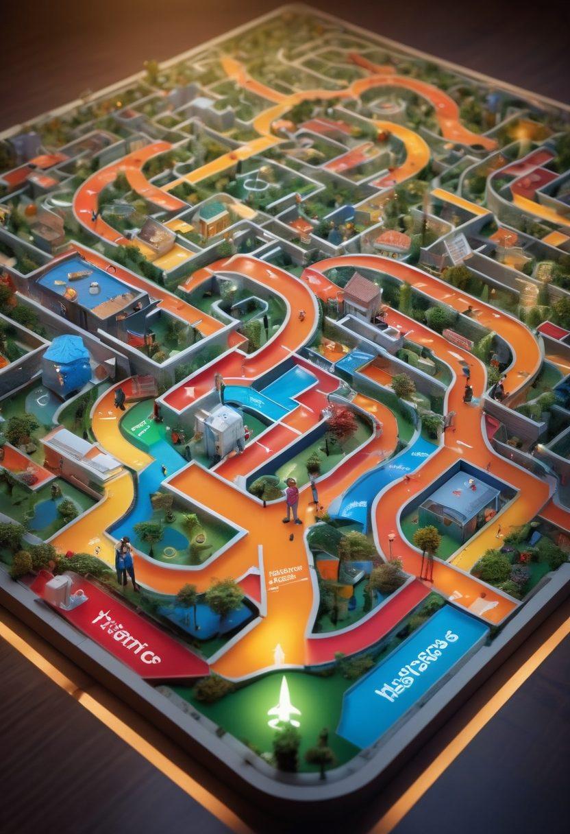 An intricate labyrinth symbolizing the complexities of insurance, with various policy icons like health, auto, and home insurance scattered along the pathways. Brightly colored arrows guide the viewer through the maze, leading to a central light representing smart choices in coverage. An individual thoughtfully examines the options with a map in hand, conveying a sense of empowerment and clarity. vibrant colors. 3D. dynamic composition.